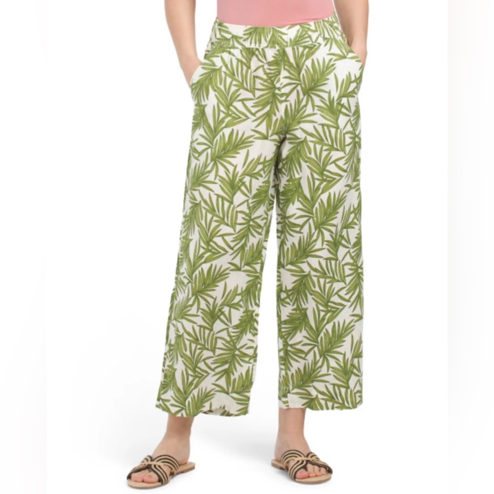 NICOLE MILLER Linen Pull-On Wide-Leg Cropped Pants Green Tropical Leaf Print XL